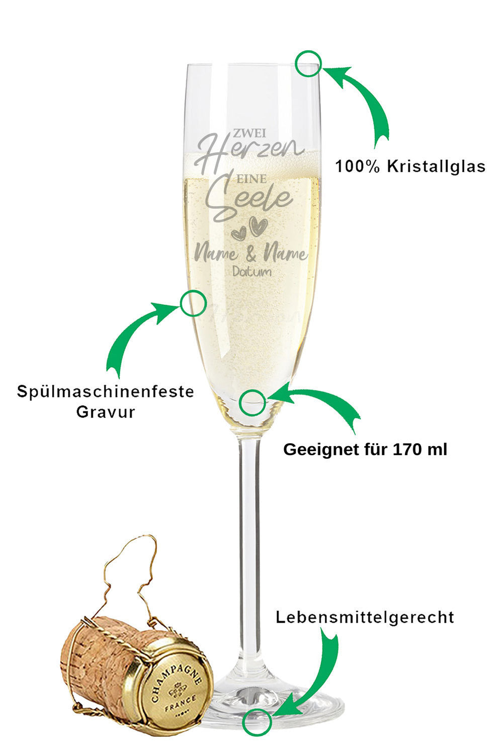 Stölzle Lausitz Sektglas mit Gravur "Zwei Herzen, Eine Seele"
