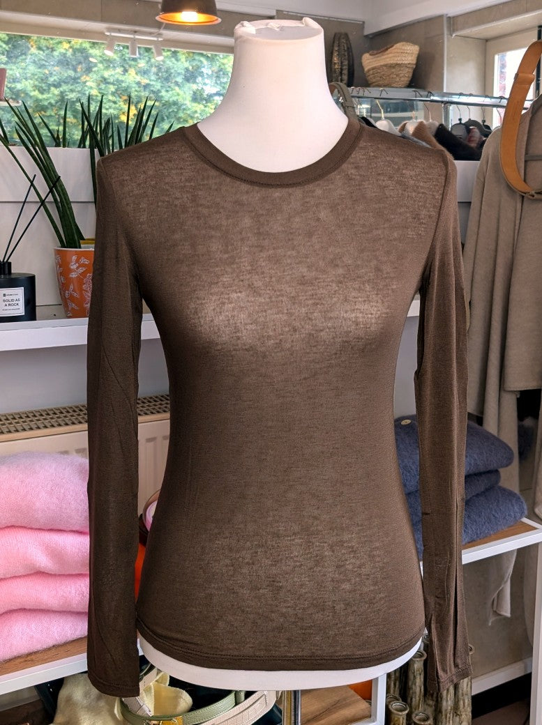 Shirt Kaschmir Viskose Unterzieher Halbtransparent Coffee Braun Langarm, One Size bis Gr. 40 - von La Bella Moda Milano 14495