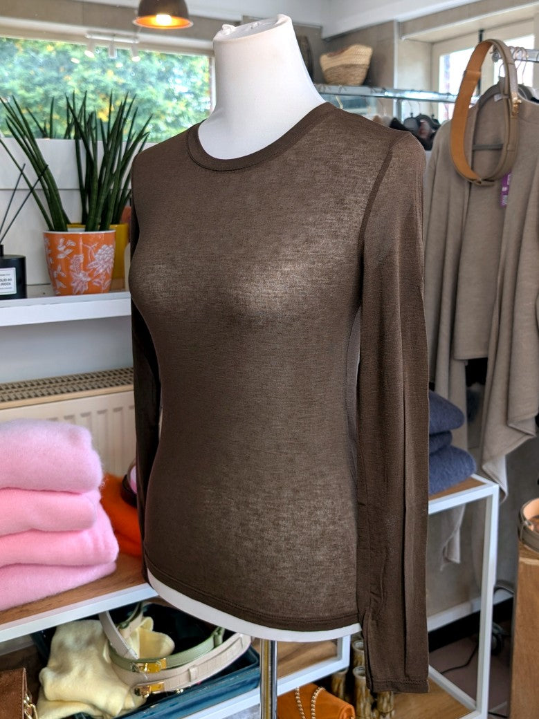 Shirt Kaschmir Viskose Unterzieher Halbtransparent Coffee Braun Langarm, One Size bis Gr. 40 - von La Bella Moda Milano 14495