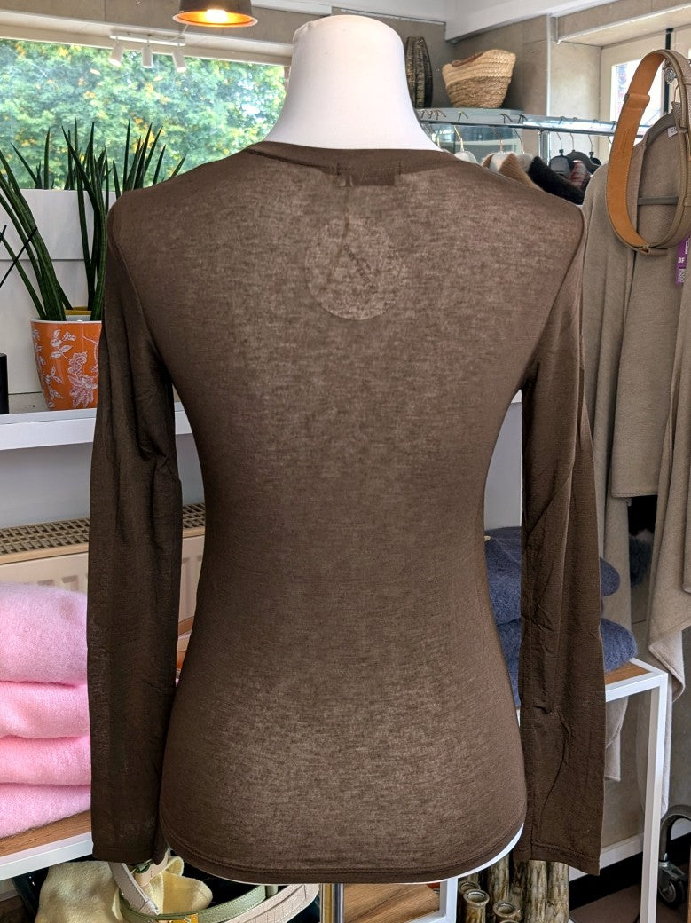 Shirt Kaschmir Viskose Unterzieher Halbtransparent Coffee Braun Langarm, One Size bis Gr. 40 - von La Bella Moda Milano 14495
