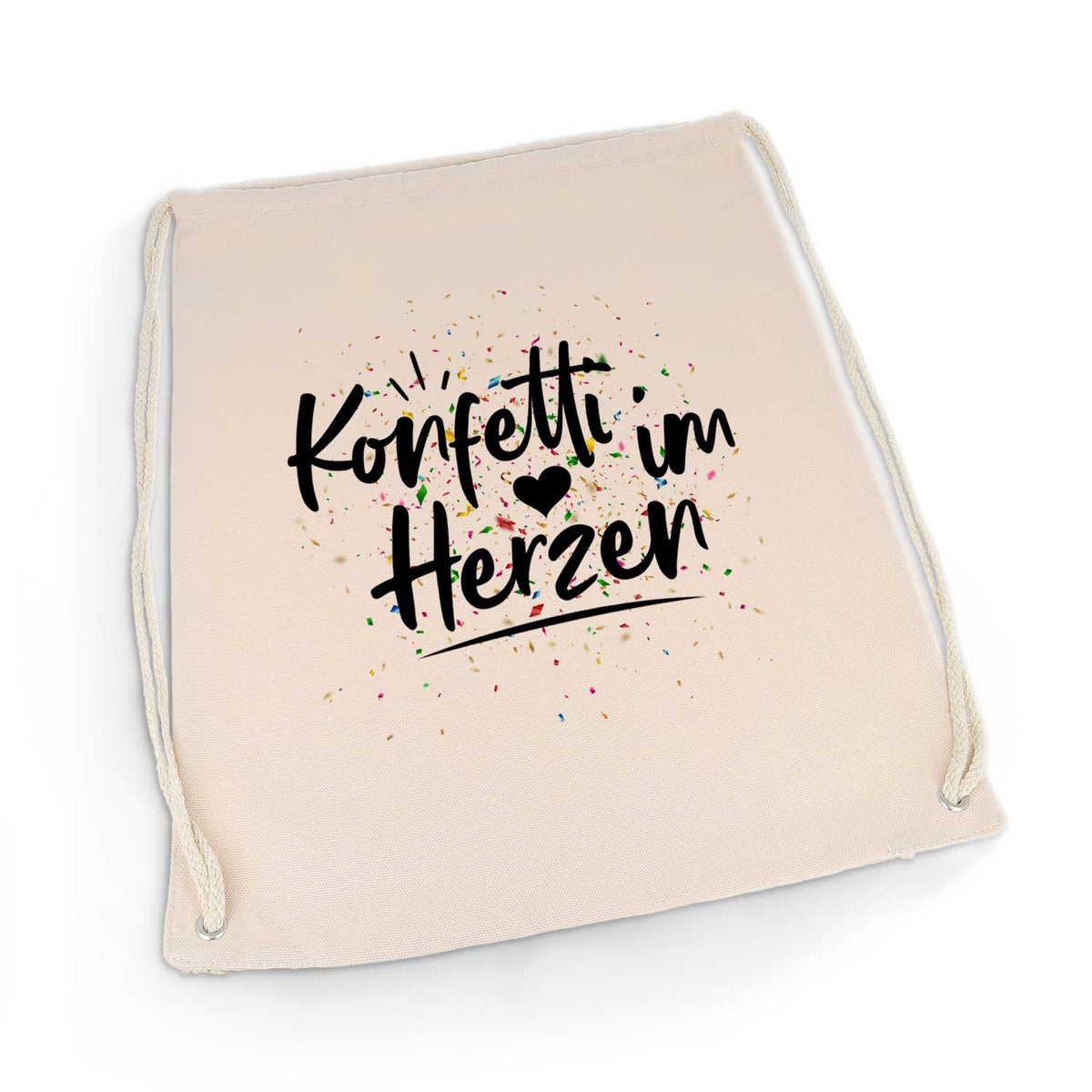 Bedruckter Turnbeutel mit Spruch Konfetti im Herzen