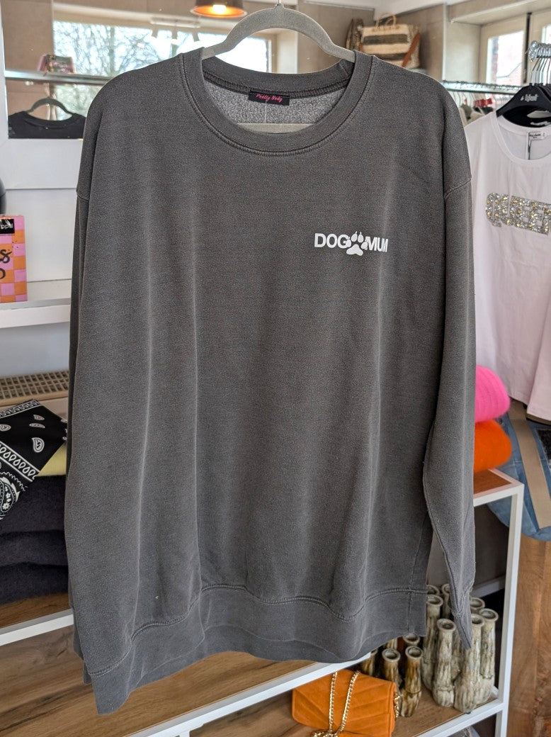 Sweatshirt Dog Mum Backprint Grau Weiß Oversized Used Look Baumwolle One Size - von Pretty Body 2555