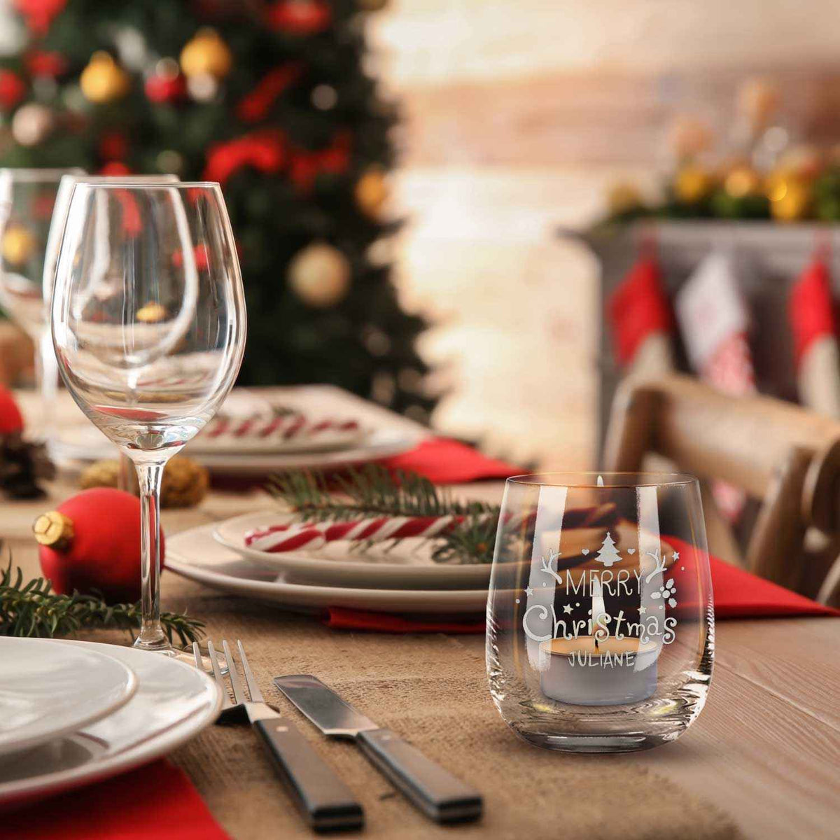 Teelicht mit Gravur - Weihnachtsdeko - Merry Christmas - Personalisiert mit Name