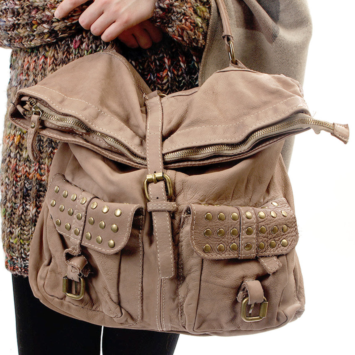 Leder Tasche mit 2 Taschen Nieten Beige