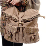 Leder Tasche mit 2 Taschen Nieten Beige