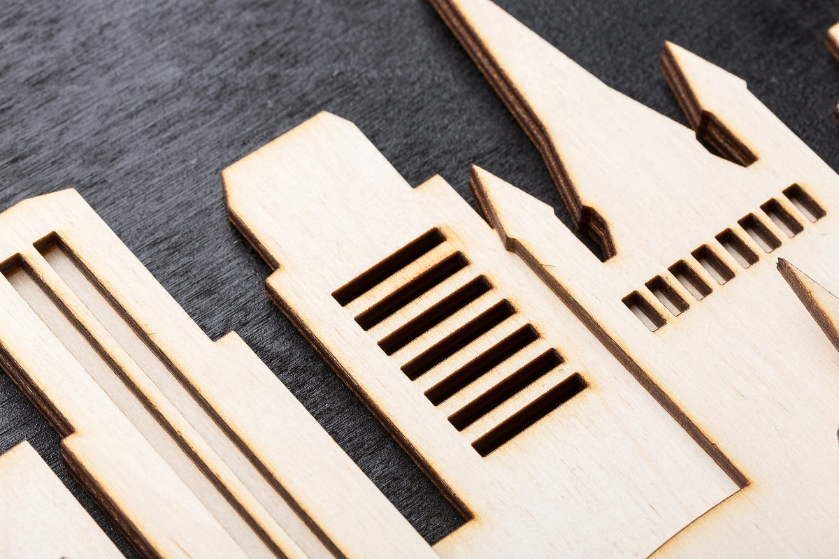 3D Wandbild aus Holz Skyline Düsseldorf 2017