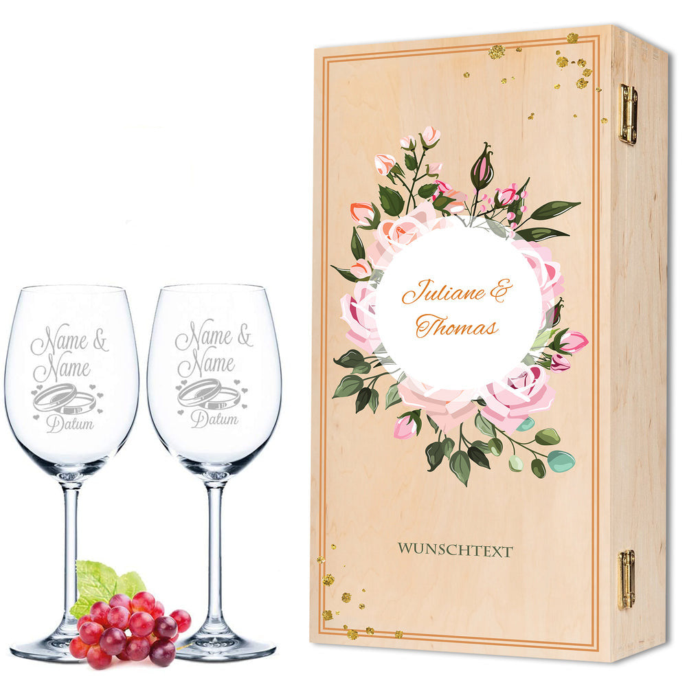 Stölzle Lausitz Weingläser mit Gravur "Summer & Flower" Design als Set inkl. bedruckter Holzkiste