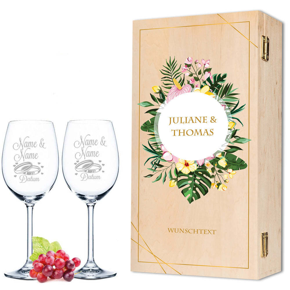 Stölzle Lausitz Weingläser mit Gravur "Summer & Flower" Design als Set inkl. bedruckter Holzkiste