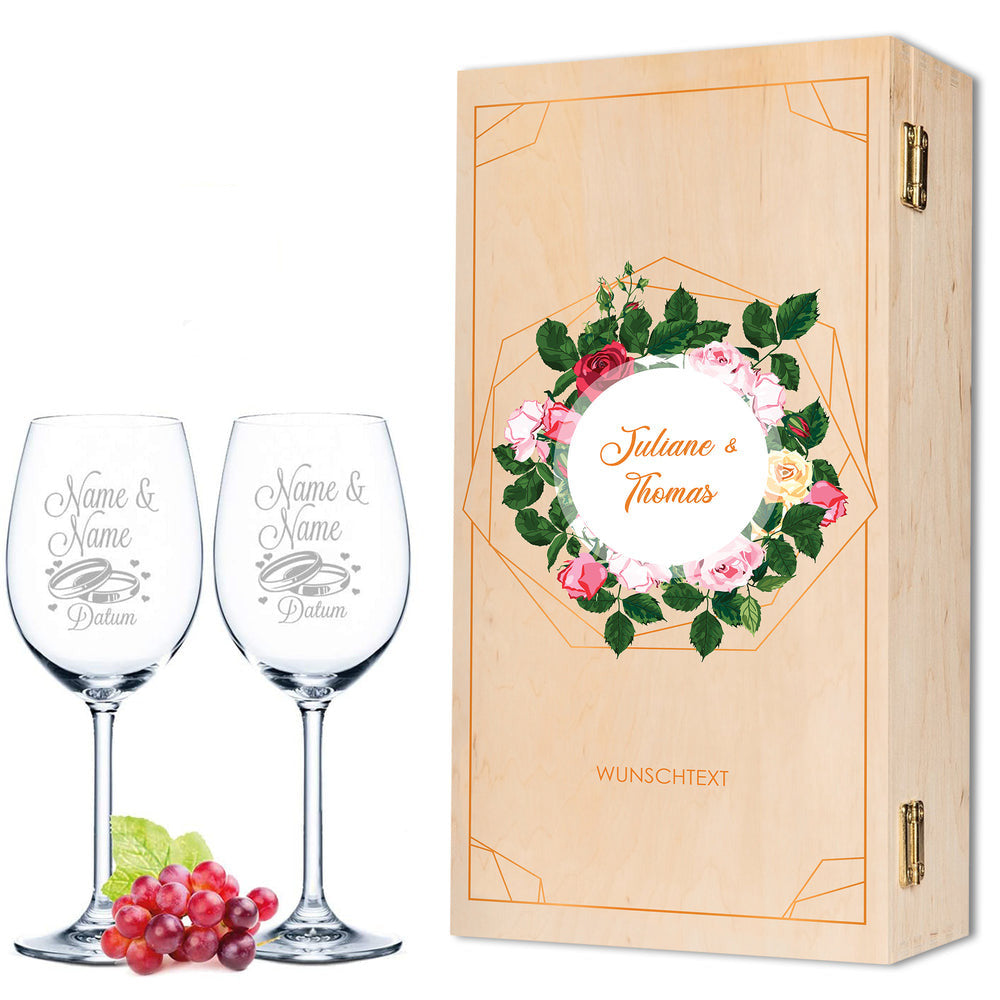 Stölzle Lausitz Weingläser mit Gravur "Summer & Flower" Design als Set inkl. bedruckter Holzkiste