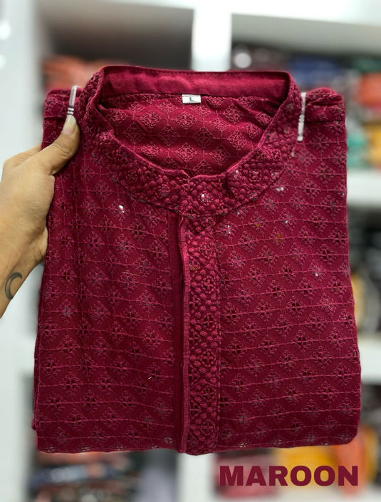Men's Kurta Churidar with Embroidery Cotton Rayon Maroon