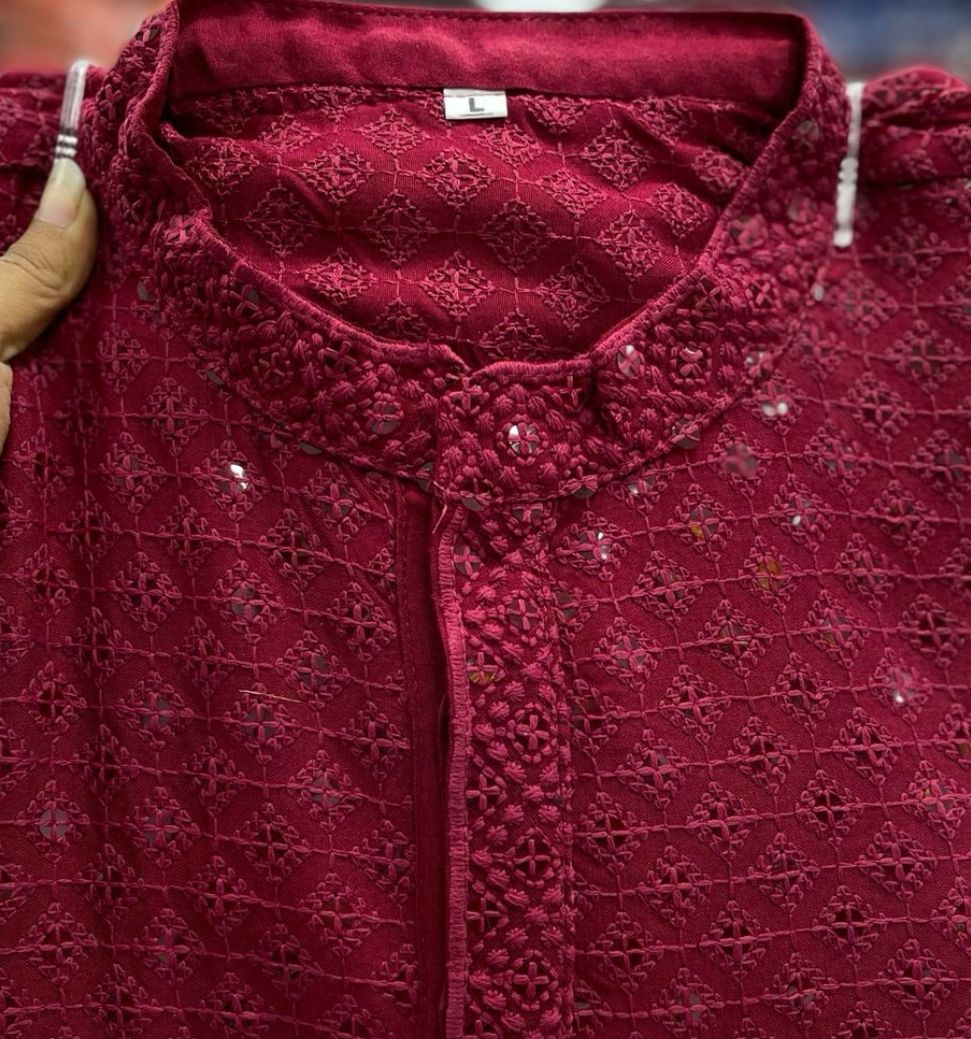Men's Kurta Churidar with Embroidery Cotton Rayon Maroon