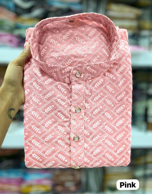 Men's Kurta Churidar with chicken schiffli Cotton Rayon pink