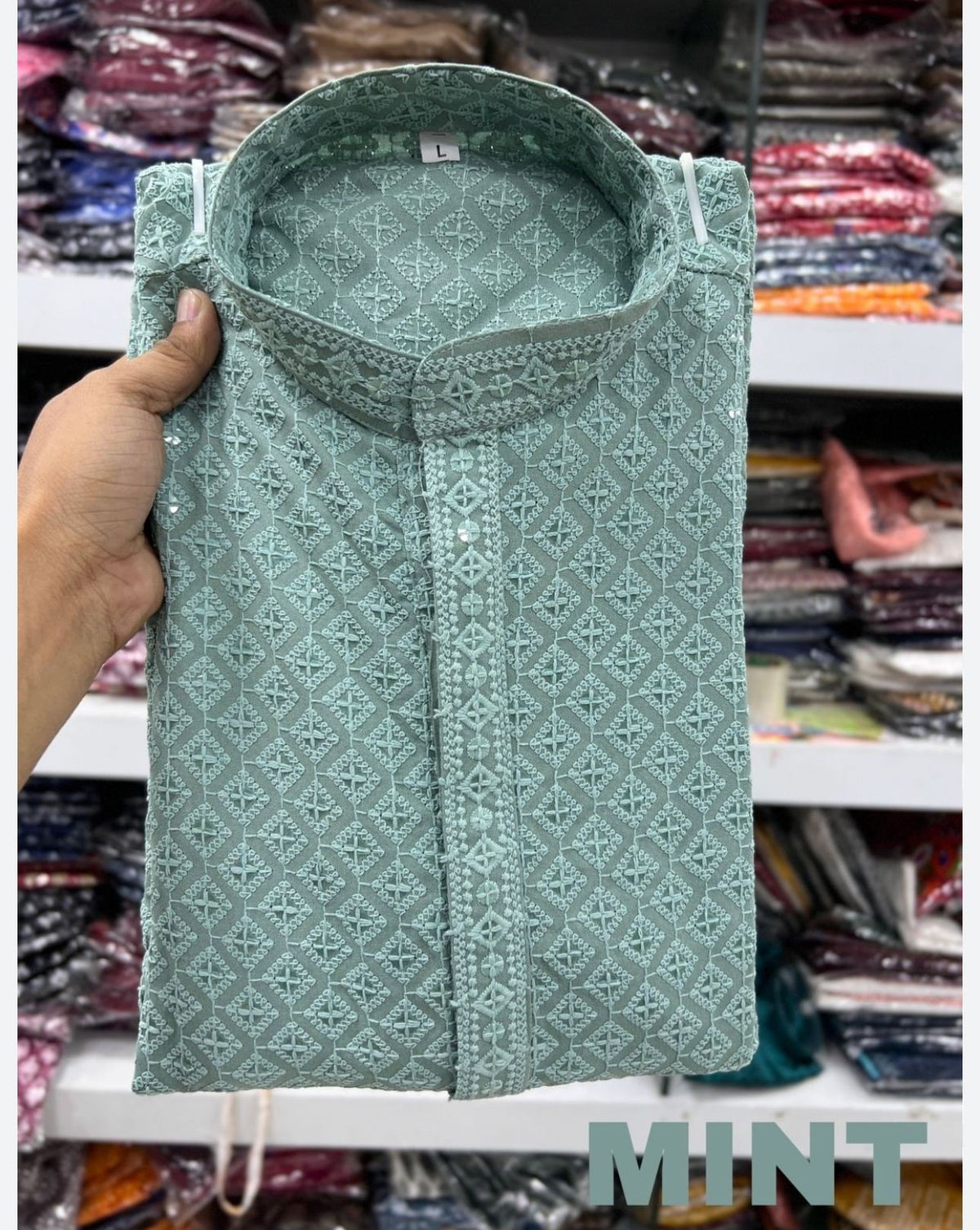 Men's Kurta Churidar with Embroidery Cotton Rayon Mint