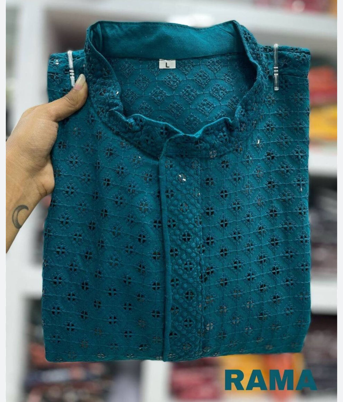 Men's Kurta Churidar with Embroidery Cotton Rayon Rama blue