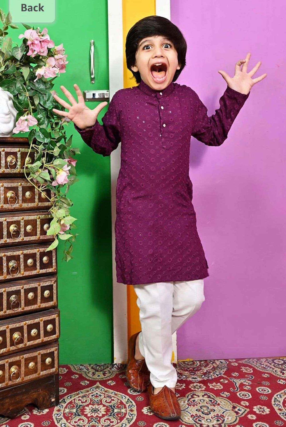Boys Kurta Pajama Sequin Print Embroidery Mirror Work Maroon
