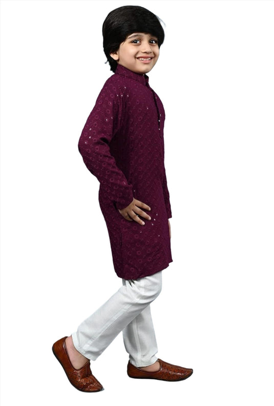 Boys Kurta Pajama Sequin Print Embroidery Mirror Work Maroon