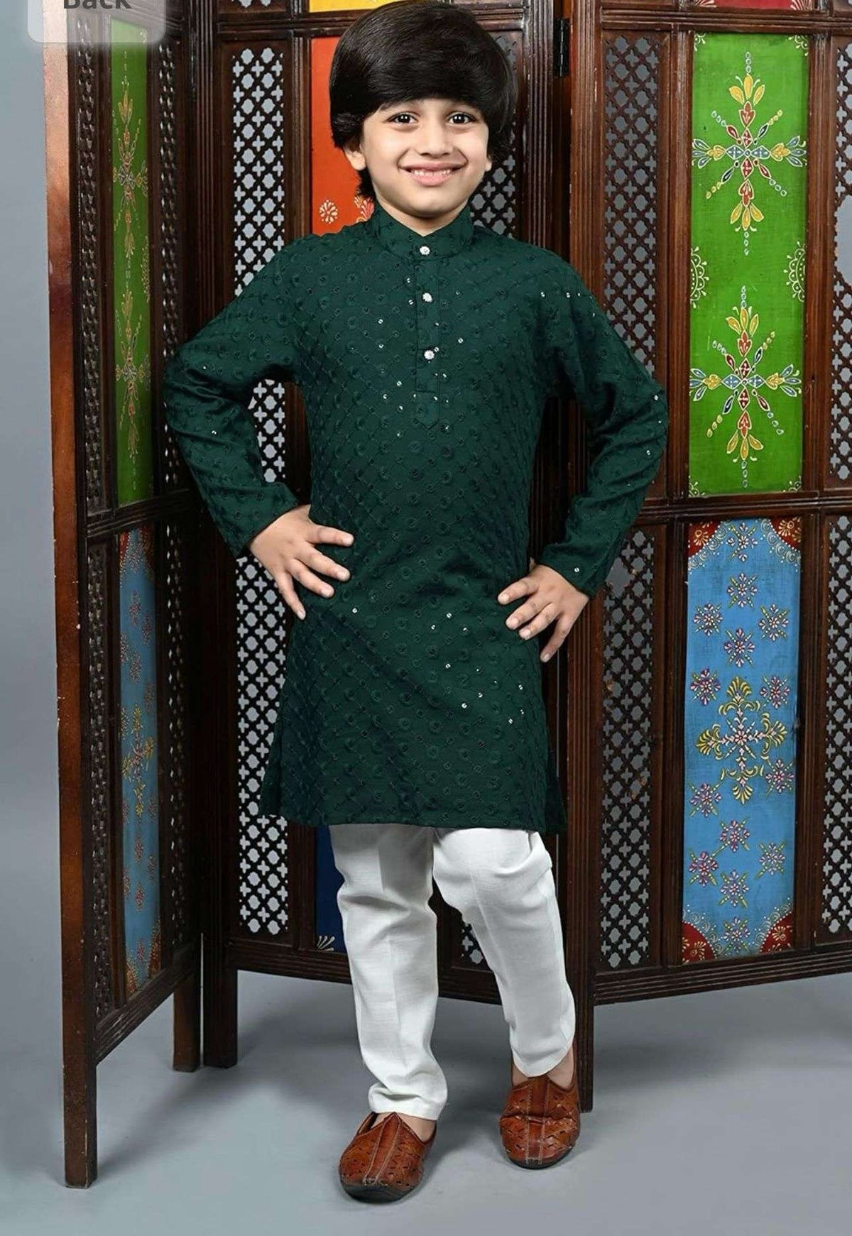 Boys Kurta Pajama Sequin Print Embroidery Mirror Work Green