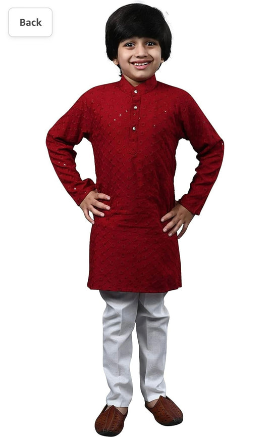 Boys Kurta Pajama Sequin Print Embroidery Mirror Work Red