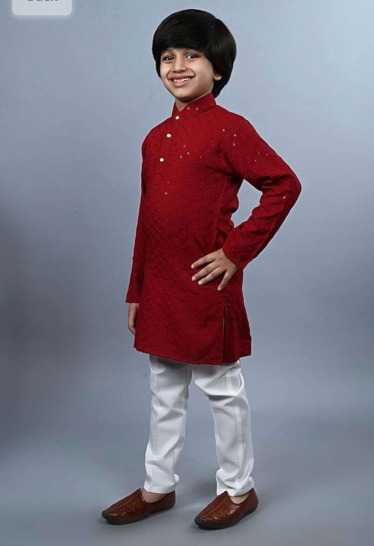 Boys Kurta Pajama Sequin Print Embroidery Mirror Work Red