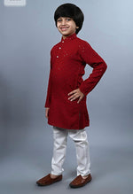 Boys Kurta Pajama Sequin Print Embroidery Mirror Work Red