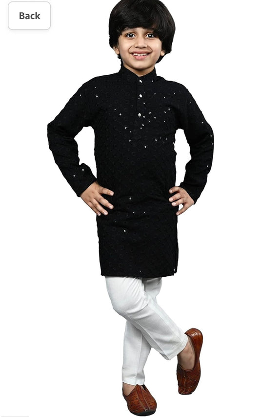 Boys Kurta Pajama Sequin Print Embroidery Mirror Work Black