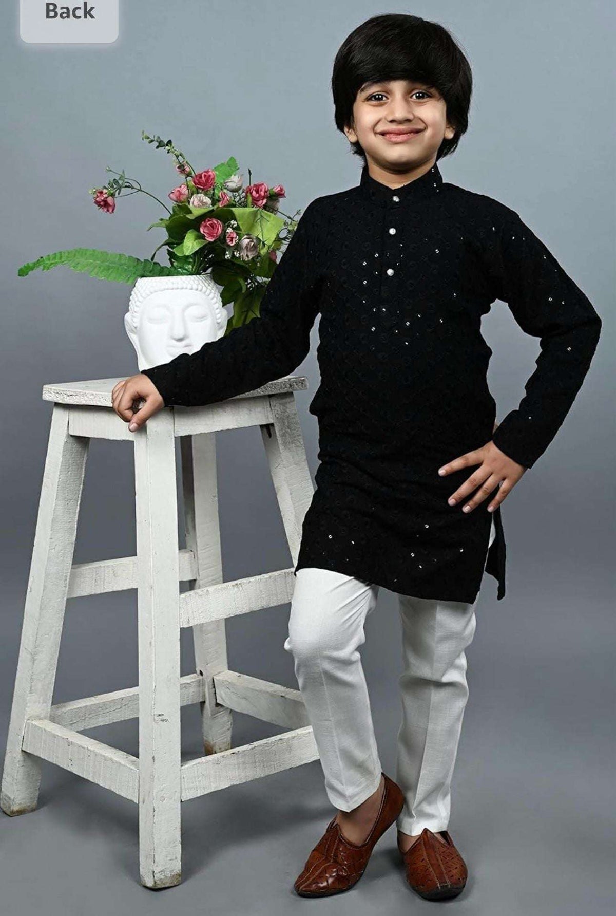 Boys Kurta Pajama Sequin Print Embroidery Mirror Work Black