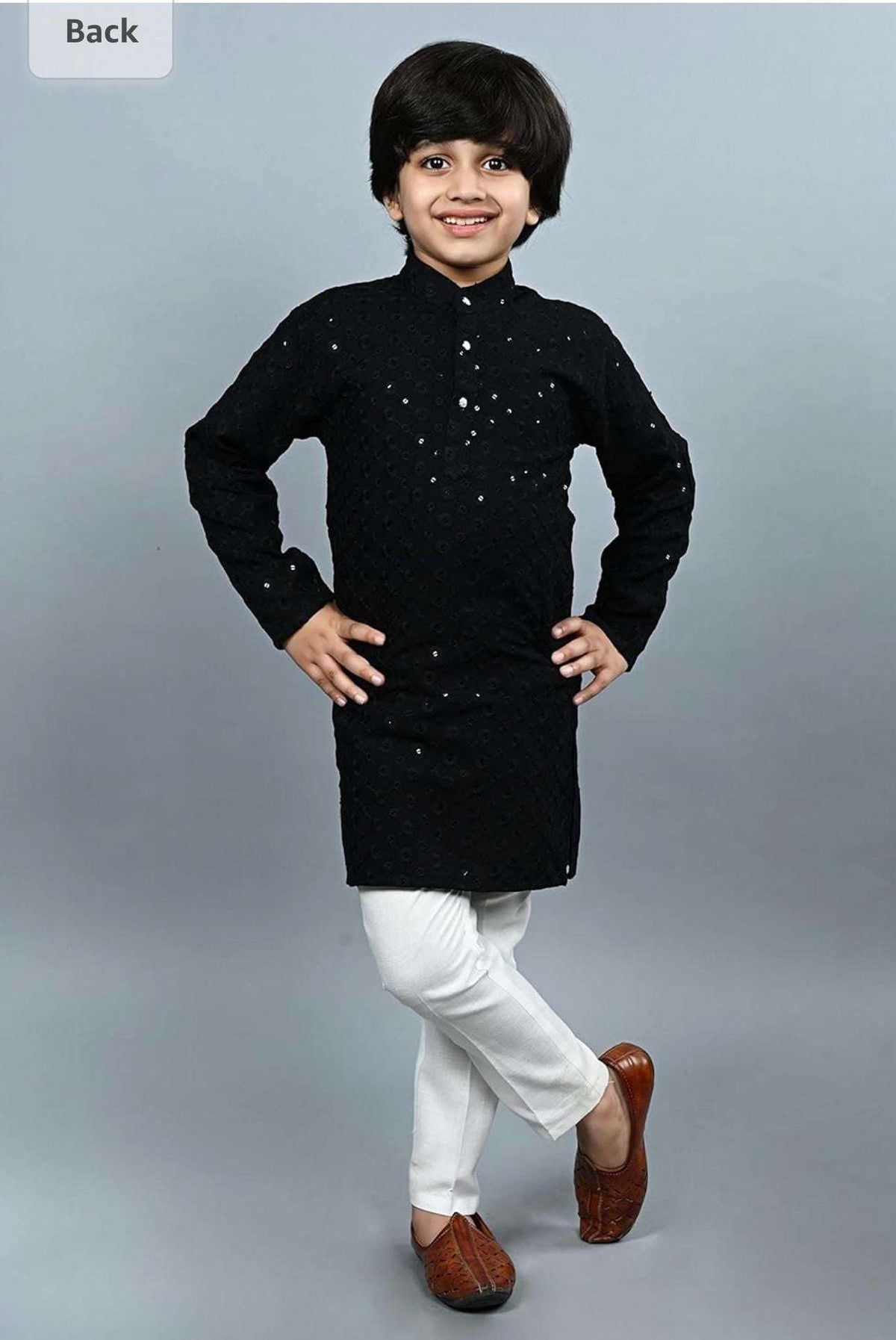 Boys Kurta Pajama Sequin Print Embroidery Mirror Work Black
