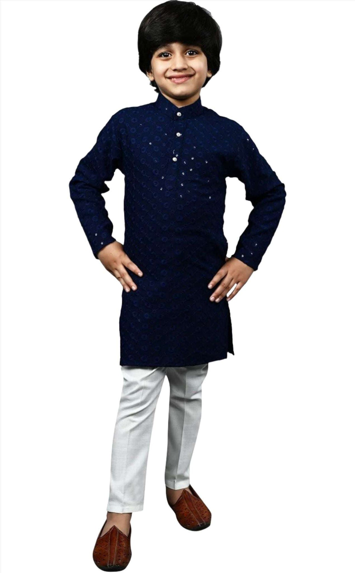 Boys Kurta Pajama Sequin Print Embroidery Mirror Work Blue