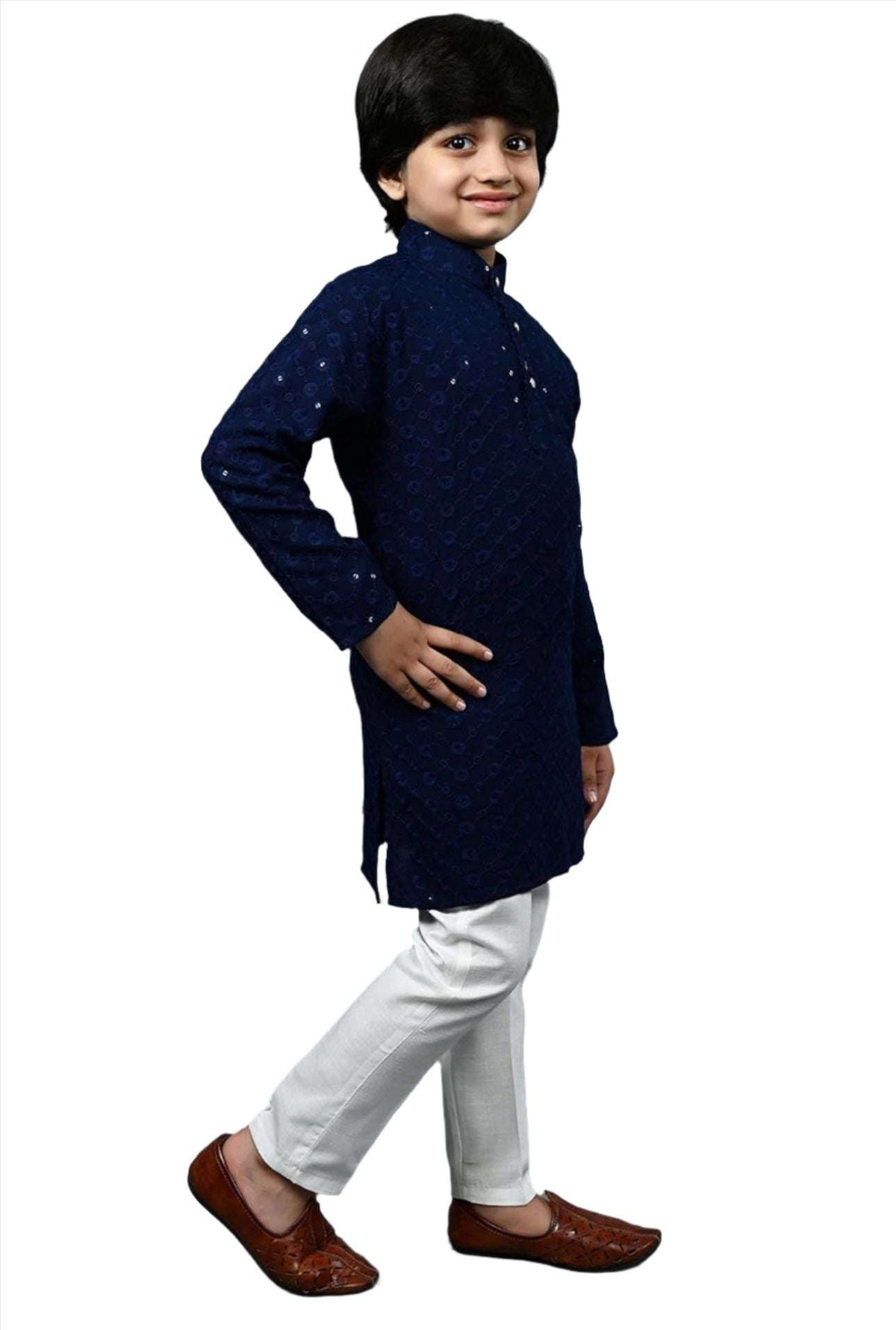 Boys Kurta Pajama Sequin Print Embroidery Mirror Work Blue