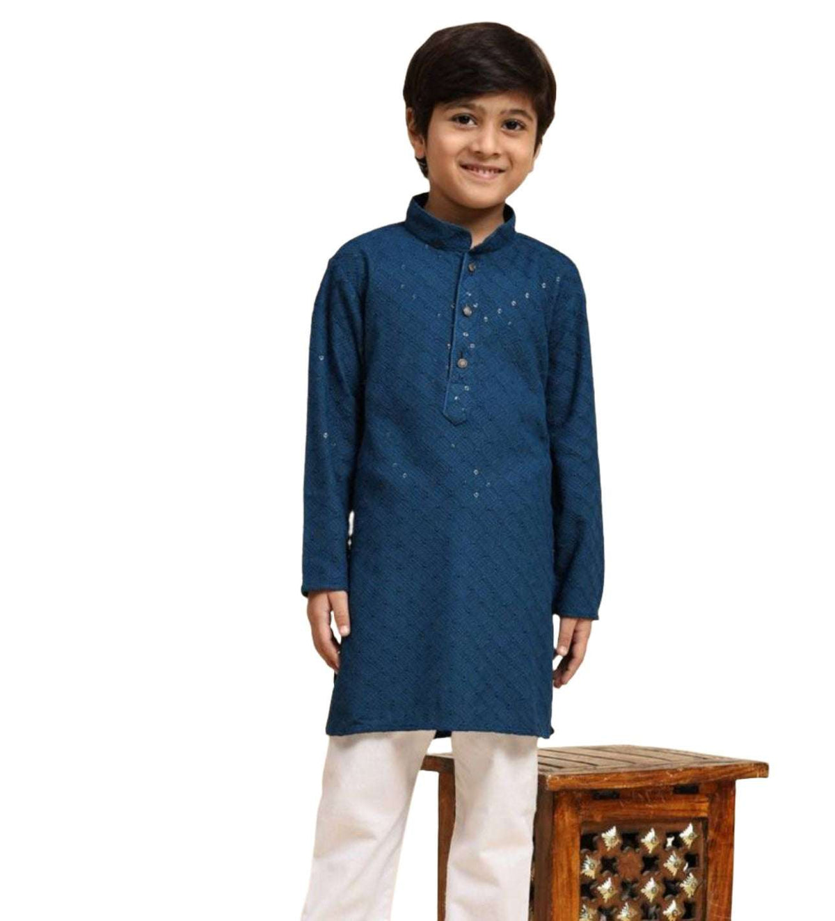 Boys Kurta Pajama Sequin Print Embroidery Mirror Work rama blue