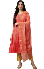 Red Printed kurta-Teal Trouser- Dupatta Set in Poland