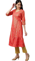 Red Printed kurta-Teal Trouser- Dupatta Set in Poland