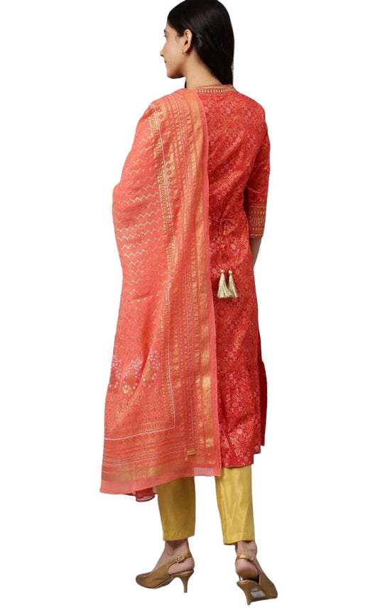 Red Printed kurta-Teal Trouser- Dupatta Set in Poland