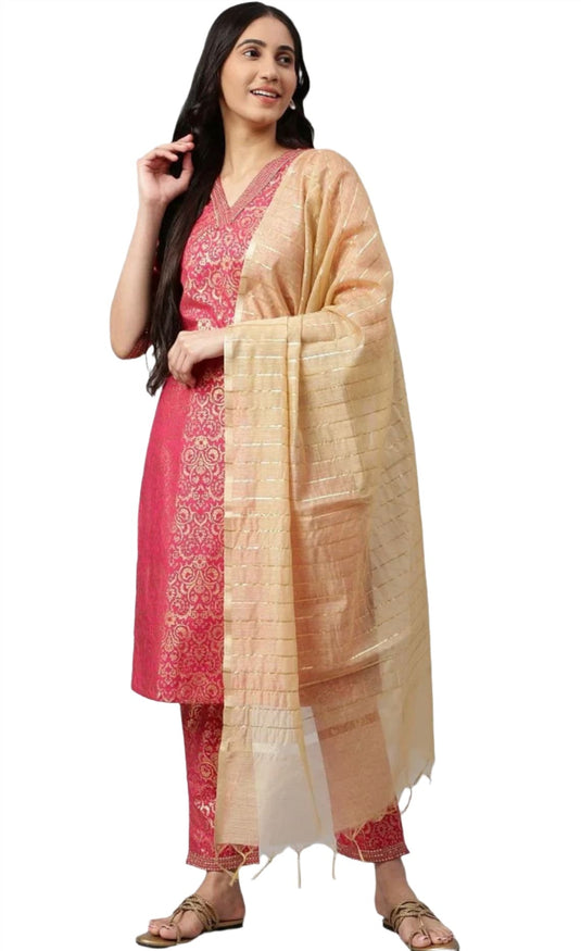 Wine Yarn-Dyed Straight kurta-Trousers-Dupatta Set in Munich