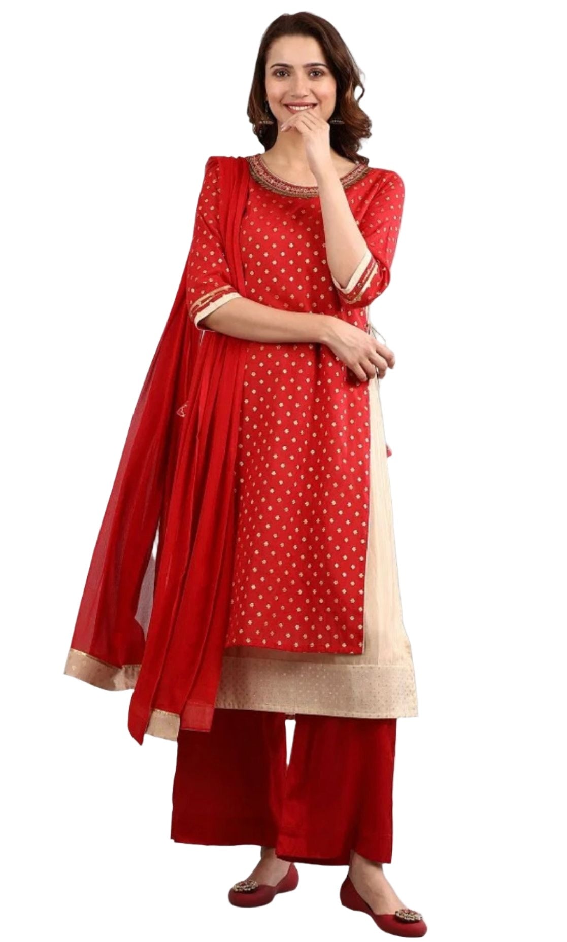 Red Round Neck Embellished kurta Set in Poland