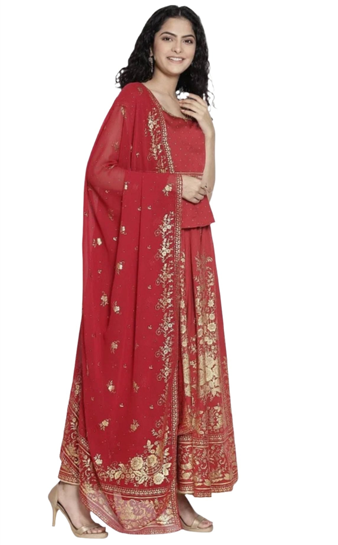 Red Printed Top Skirt Dupatta Set in Berlin