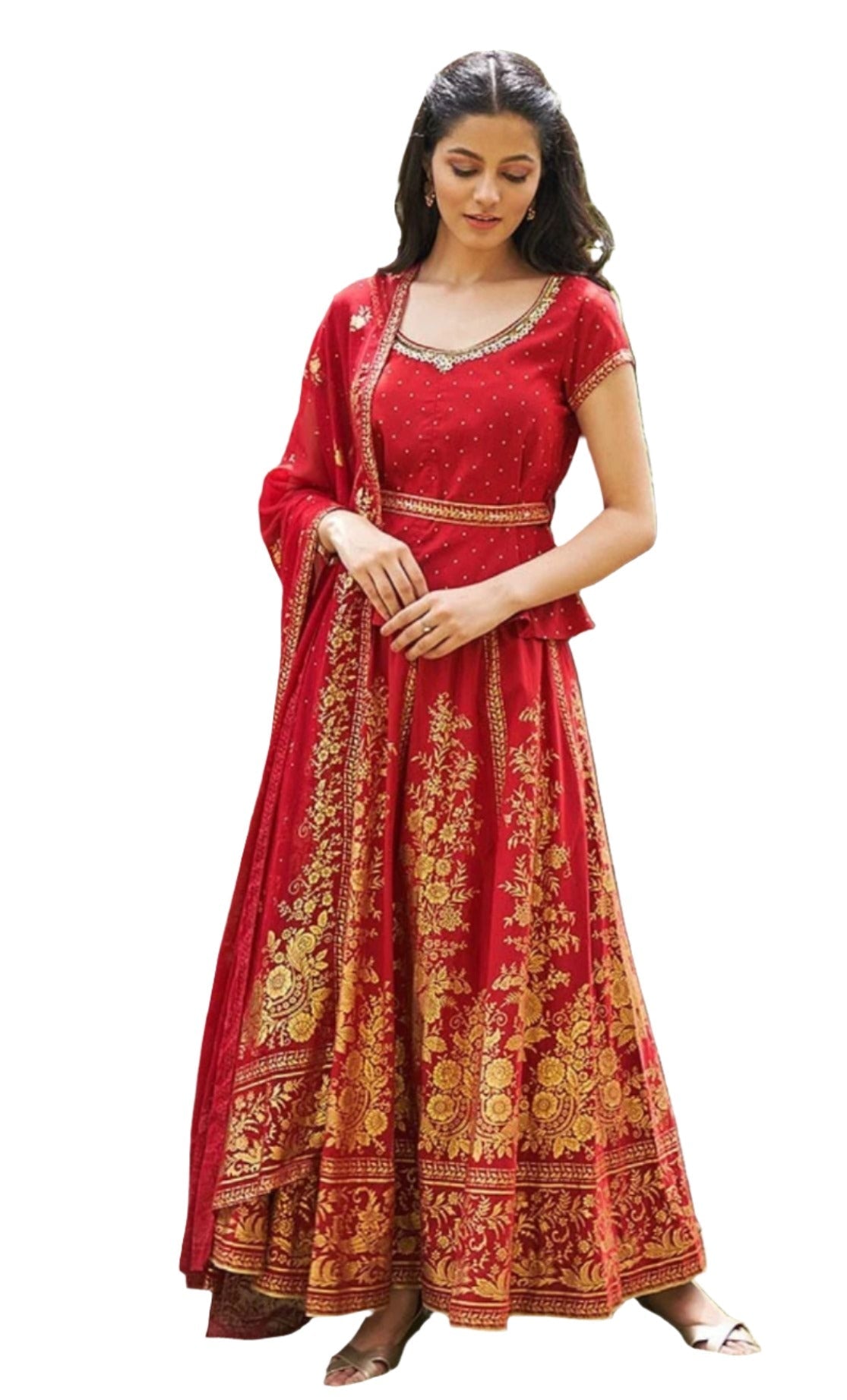 Red Printed Top Skirt Dupatta Set in Berlin