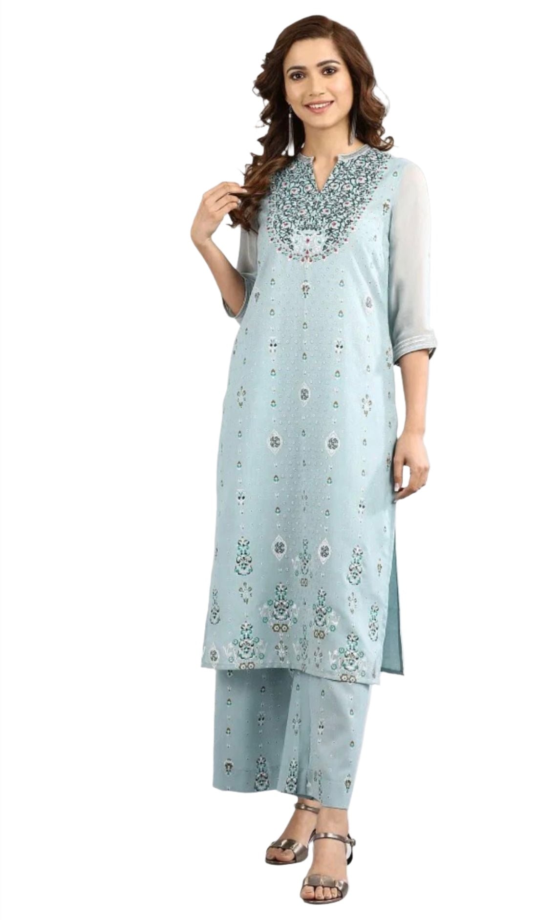 Blue Band Collar Printed kurta Set in Poland