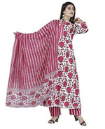 Women Red Cotton Kurti Pant Dupatta Set