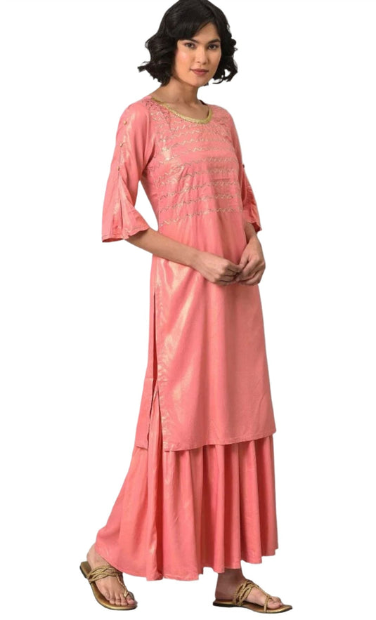 Pink Printed Straight kurta-Sharara Set