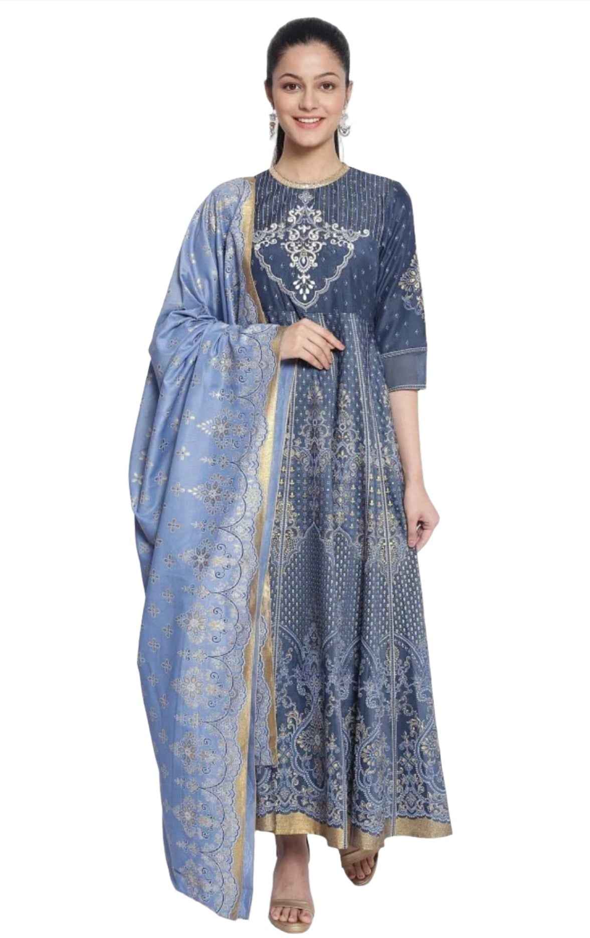 Dark Grey Printed Dress-Dupatta Set in Paris