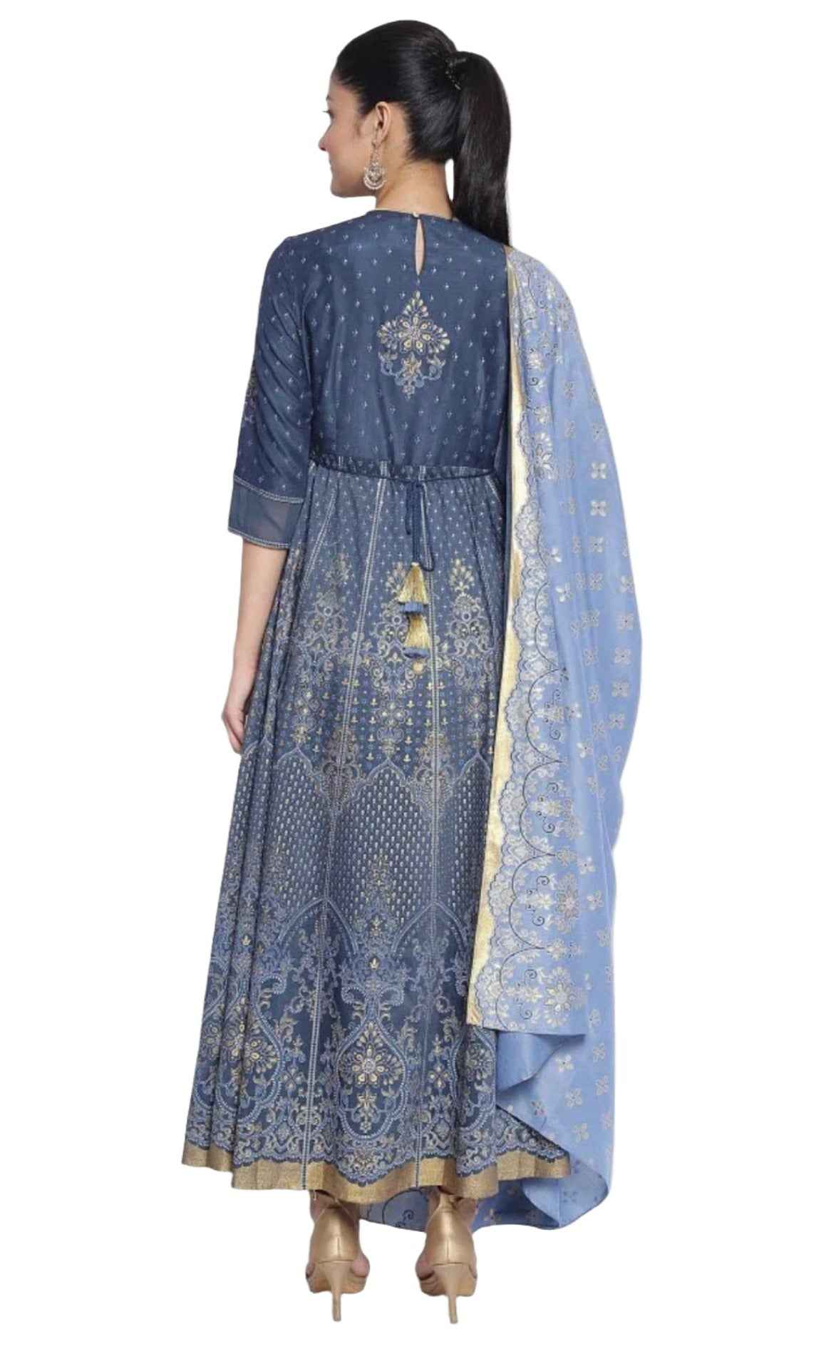 Dark Grey Printed Dress-Dupatta Set in Paris