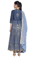 Dark Grey Printed Dress-Dupatta Set in Paris