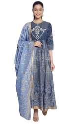 Dark Grey Printed Dress-Dupatta Set in Paris