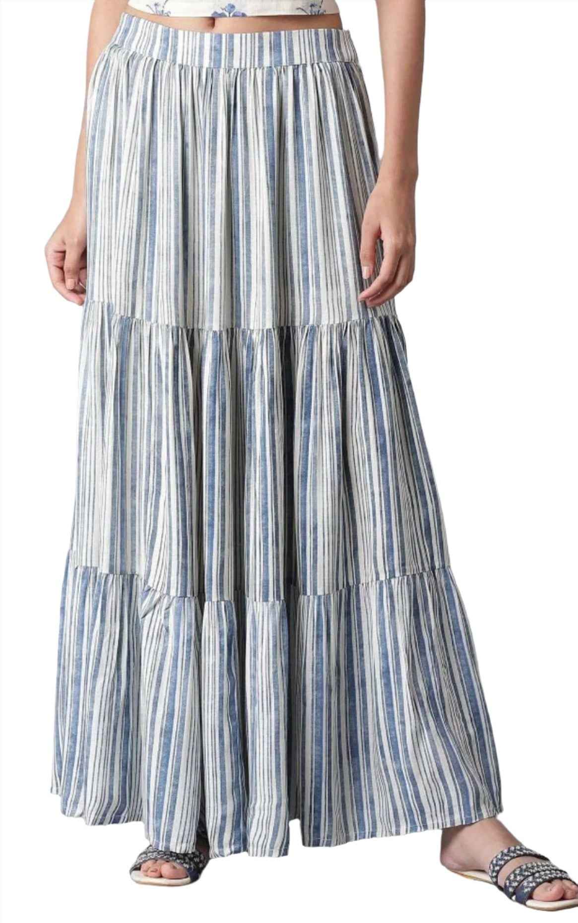 Ecru and Blue Stripe Print Tiered Skirt