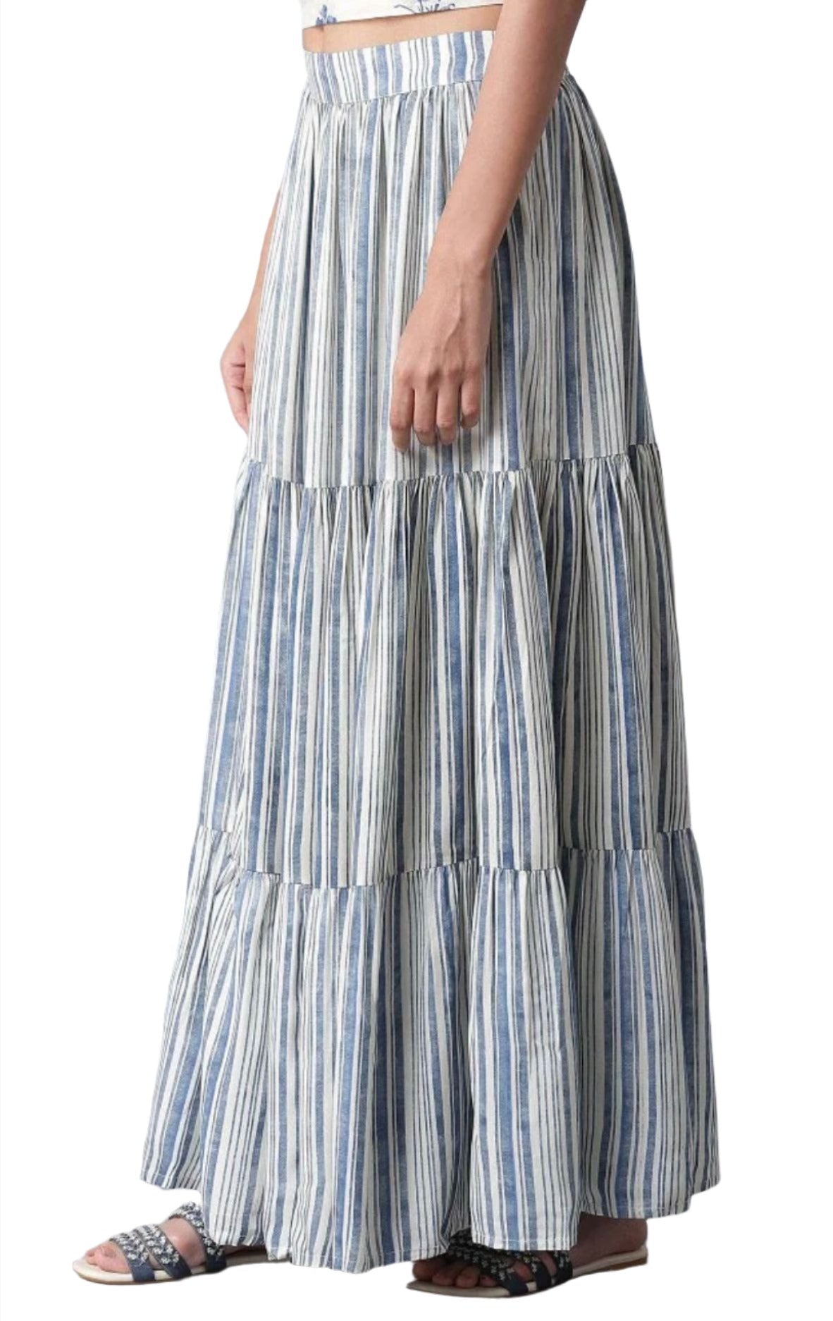 Ecru and Blue Stripe Print Tiered Skirt