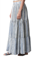 Ecru and Blue Stripe Print Tiered Skirt