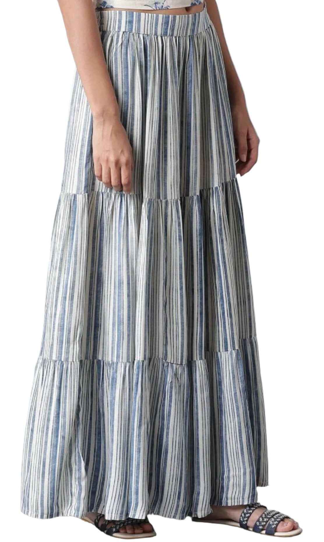 Ecru and Blue Stripe Print Tiered Skirt