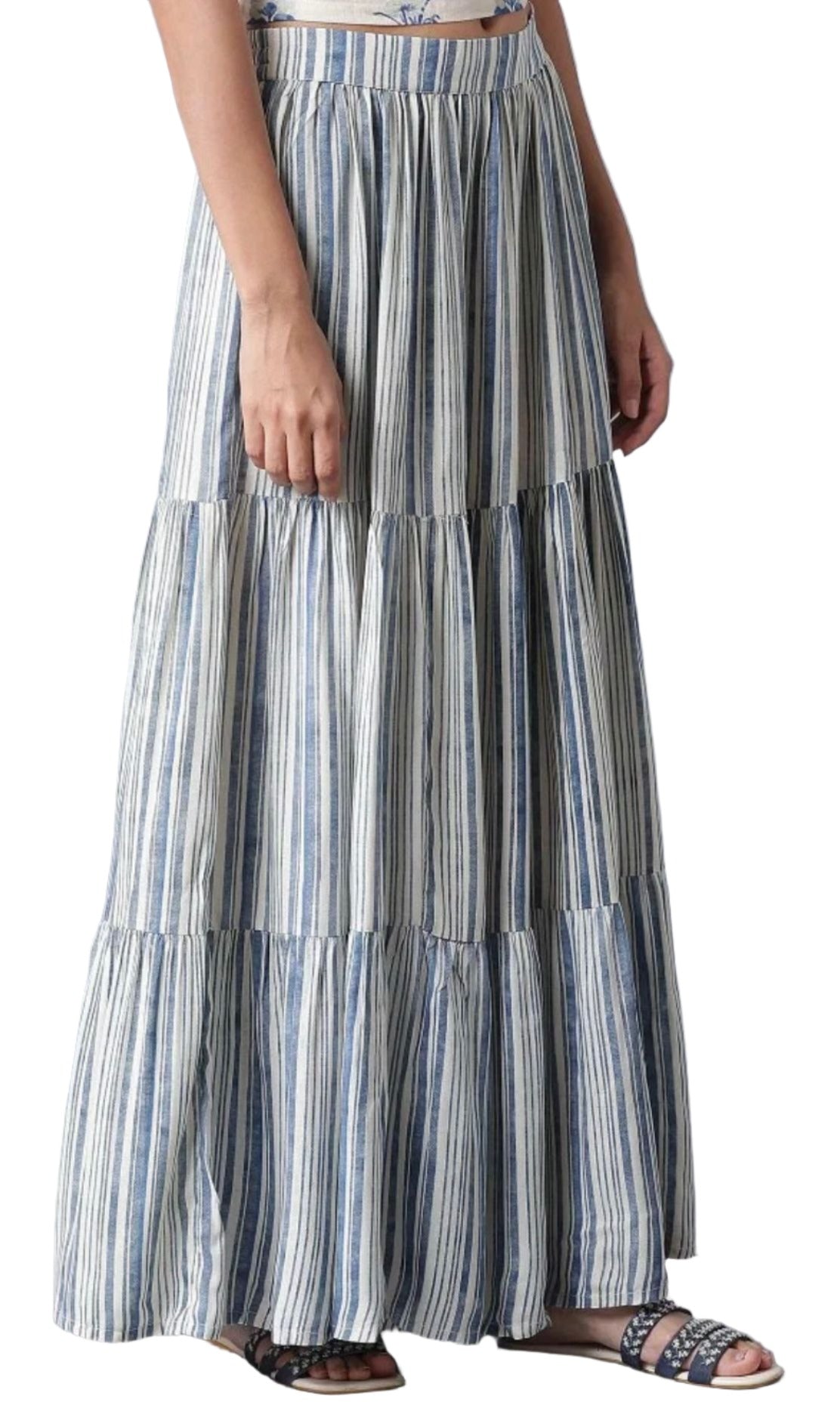 Ecru and Blue Stripe Print Tiered Skirt