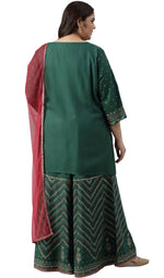 Plus Size Dark Green Glitter Floral Printed kurta With Sharara Pants And Pink Dupatta in Berlin